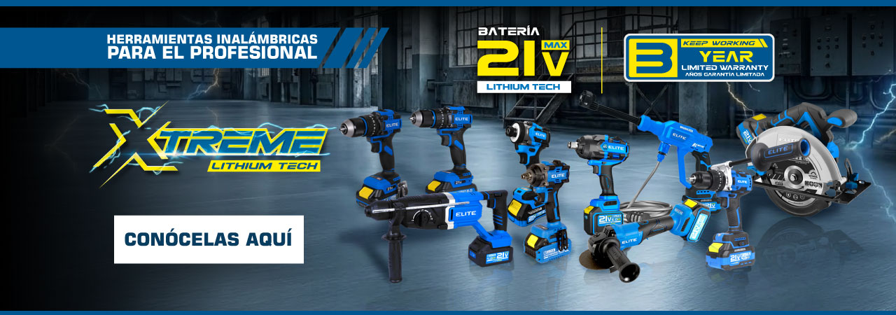 Herramientas inalámbricas ELITE XTREME, incluyendo taladros, atornilladores, sierras y esmeriladoras, con tecnología de batería de litio y 2 años de garantía