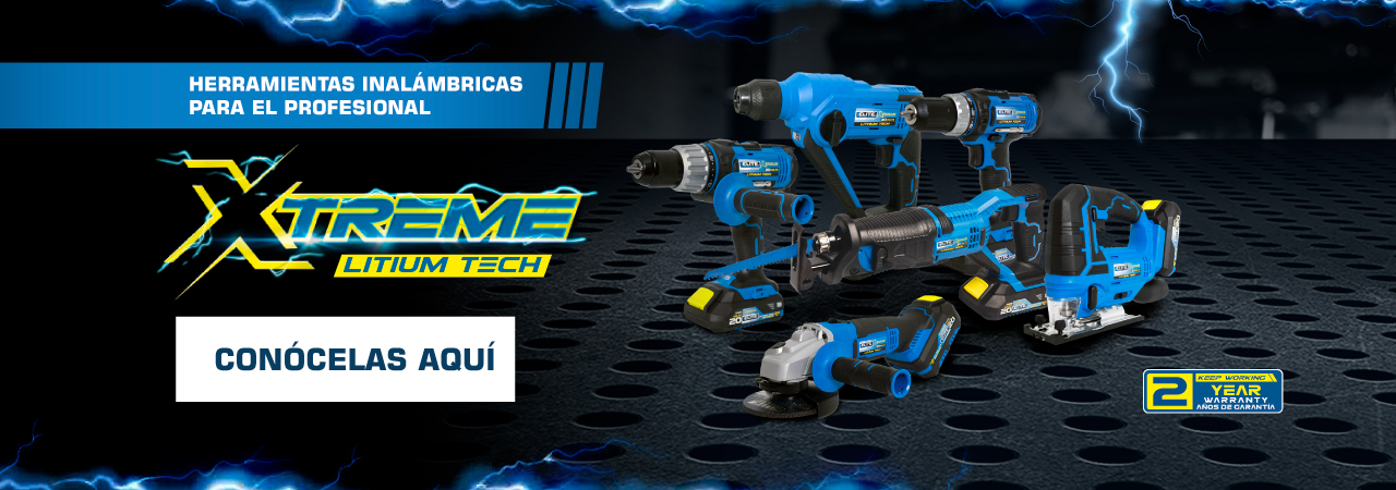 Herramientas inalámbricas ELITE XTREME, incluyendo taladros, atornilladores, sierras y esmeriladoras, con tecnología de batería de litio y 2 años de garantía