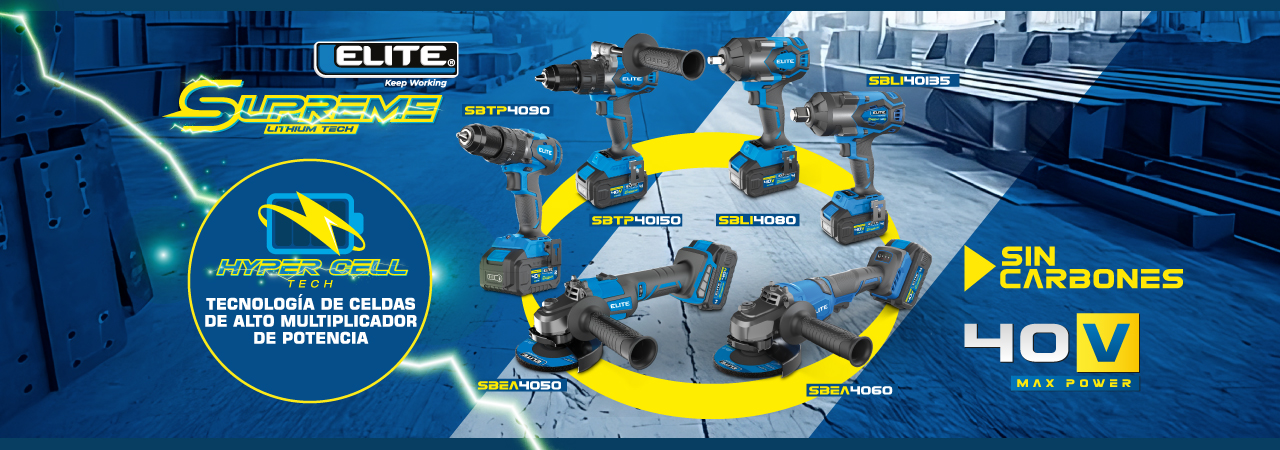 Herramientas inalámbricas ELITE SUPREME, con tecnología HYPER CELL, baterías de alto rendimiento y sin carbones, modelos SBTP4090, SBTP40150, SBL4080, SBL40135, SBEA4050 y SBEA4060